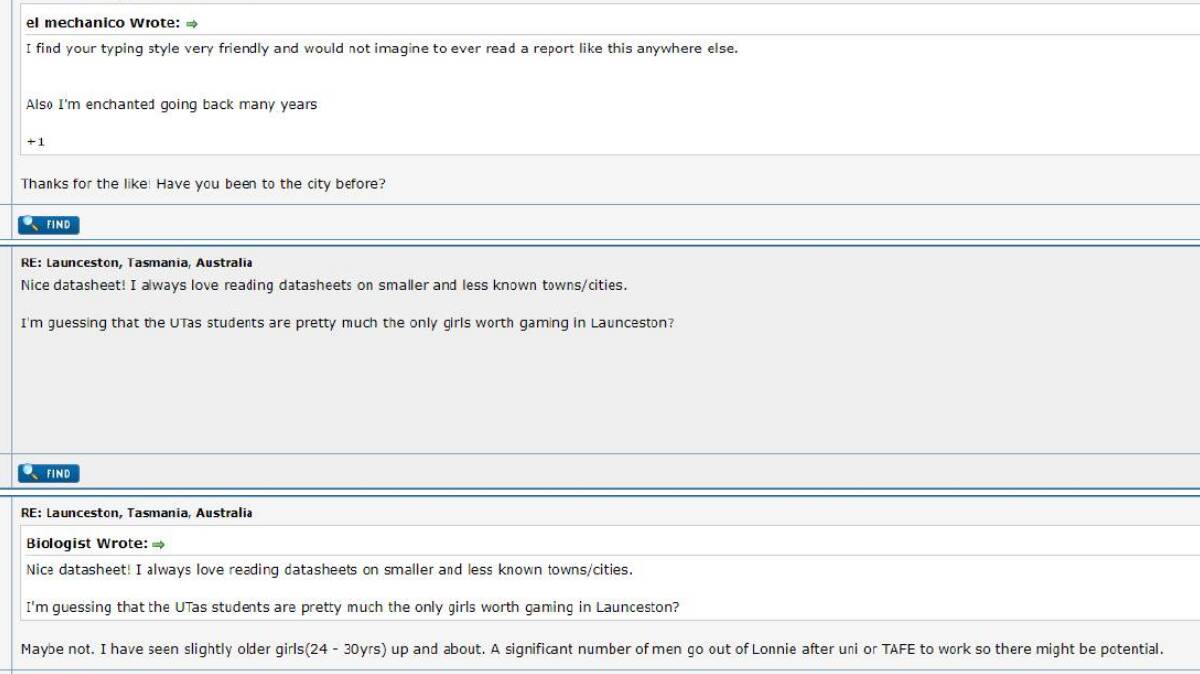 A selection of posts in a thread relating to Launceston on an online forum for male 'pick-up artists'