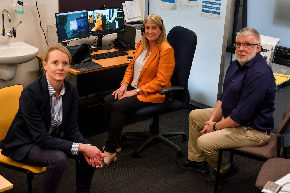 FACETIME: Health Minister Sarah Courtney, telehealth Northern Tasmanian coordinator Kate Price and Launceston General Hospital director of medicine Alasdair MacDonald are prepared for increased virtual appointments at the hospital. Picture: Scott Gelston