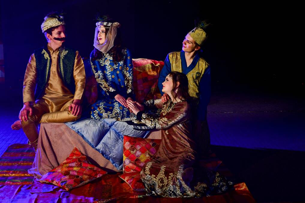 STAGE MAGIC: Malachi MacKean, Johanna Cameron, Melissa Anderson and Chi Canty in Launceston Youth Theatre Ensemble's 'Arabian Nights'. Picture: Scott Gelston