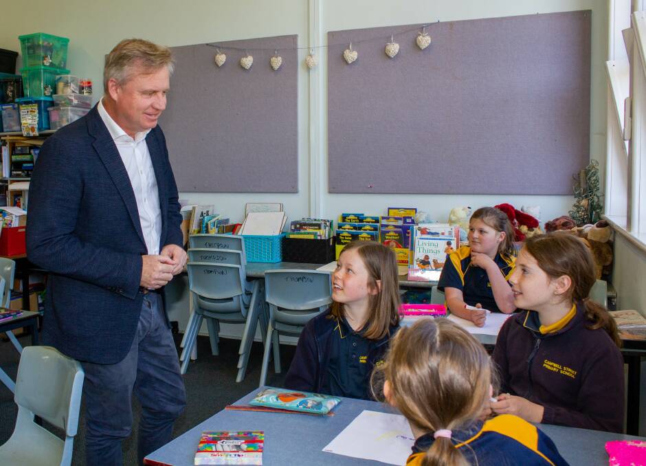 Education Minister Jeremy Rockliff speaks with Campbell Street Primary School students on Tuesday. Picture: Supplied