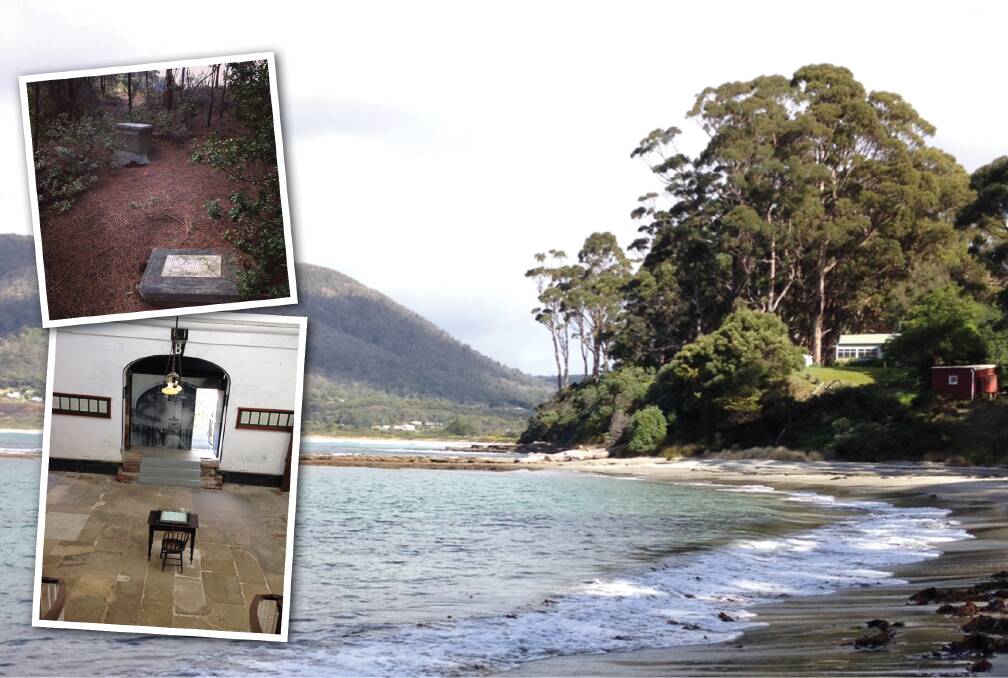 BLEAK HISTORY: The Tasman Peninsula is a beautiful place. It's also marred by a history of dispossession, tragedy and violence. Clockwise from top-left: Graves on Clydes Island (inset), Lufra Cove and the old asylum at Port Arthur (inset). Pictures: Rob Inglis