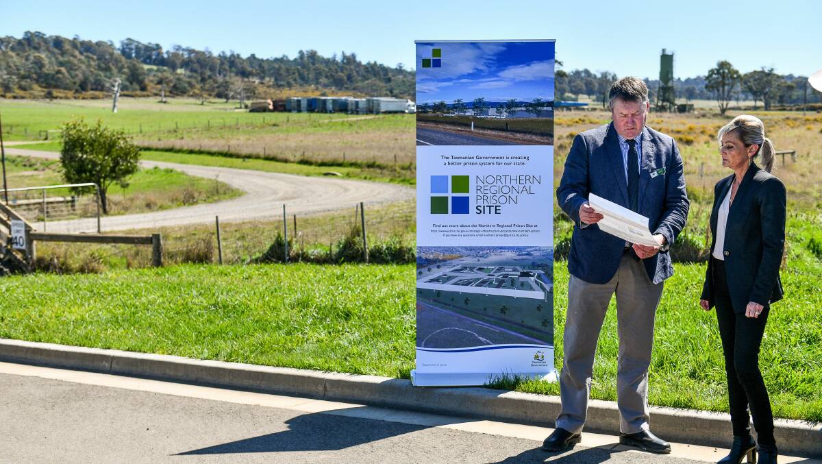 Meander Valley mayor Wayne Johnston and Corrections Minister Elise Archer at the proposed site for the Northern Regional Prison at Westbury Industrial Precinct.