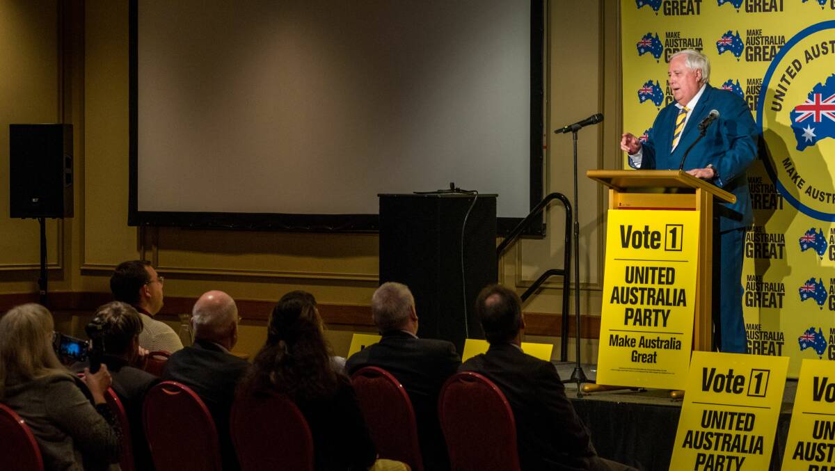 United Australia Party leader Clive Palmer addresses a crowd at the Country Club in Launceston on Thursday. Picture: Phillip Biggs