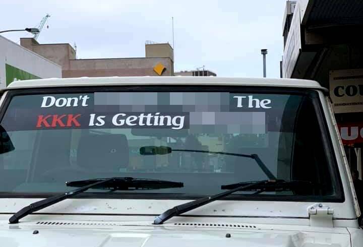 A vehicle with a racist sticker on its windshield was parked on Elizabeth Street in Hobart's CBD on Saturday. Picture: Twitter