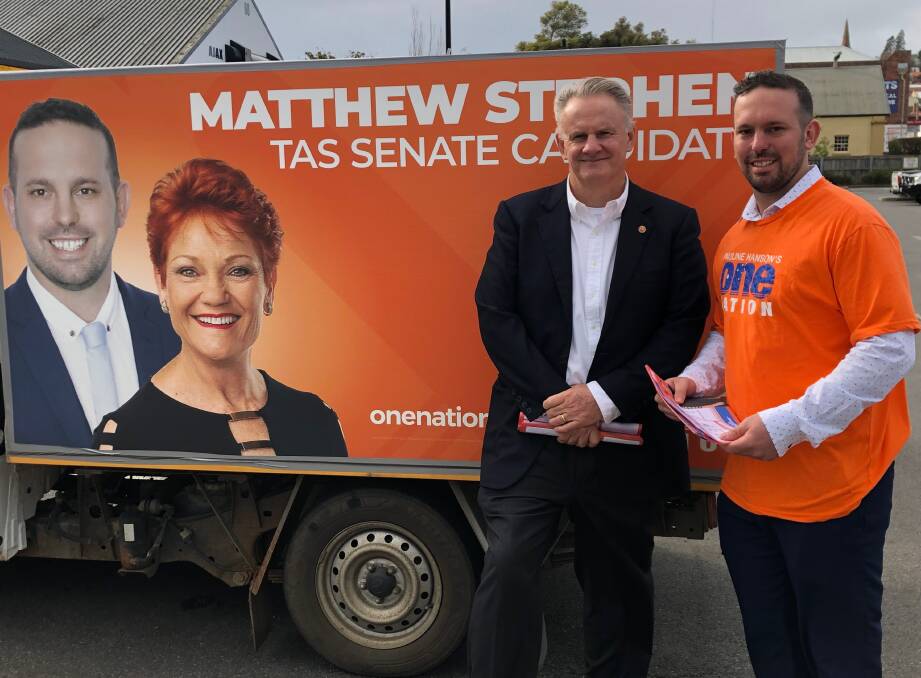 VOTE DRIVE: New South Wales One Nation MP Mark Latham joined Tasmanian Senate candidate Matthew Stephen at the Bathurst Street pre-poll booth on Monday. Picture: Rob Inglis