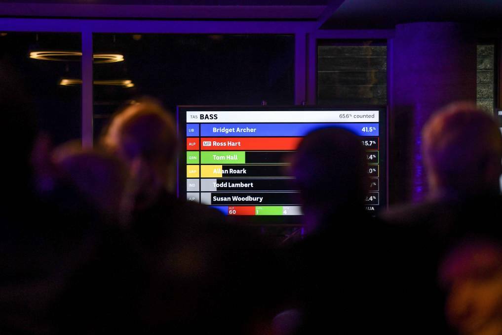 Liberal supporters watch on as the national coverage on election night points to a win in Bass. Picture: Scott Gelston