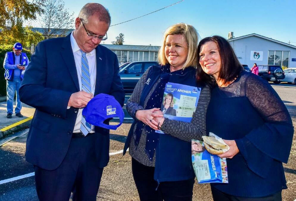 Prime Minister Scott Morrison shows up in support of Bass Liberal candidate Bridget Archer on Saturday morning. He was accompanied by his wife Jenny. Picture: Neil Richardson