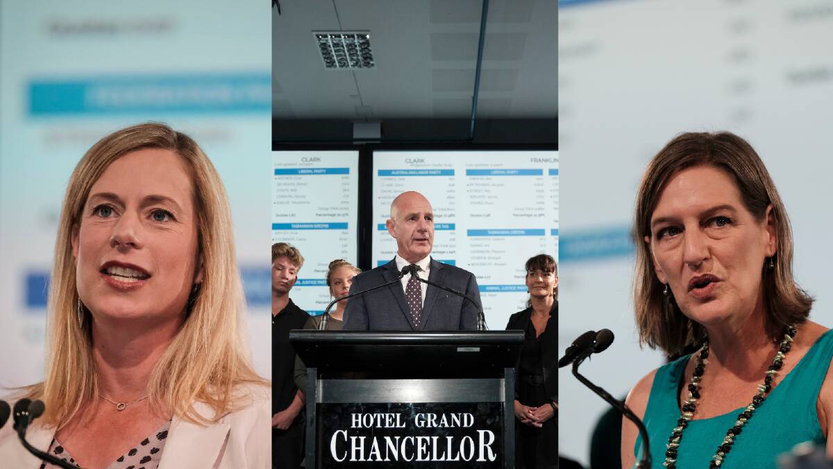 Labor leader Rebecca White, Liberal leader Peter Gutwein and Greens leader Cassy O'Connor addressing the tally room at Hobart's Grand Chancellor Hotel on Saturday night. Pictures: Craig George