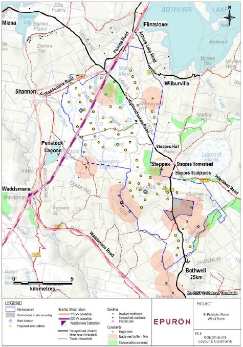A map of the indicative site layout and constraints for Epuron's St Patricks Plains wind farm. Picture: Supplied