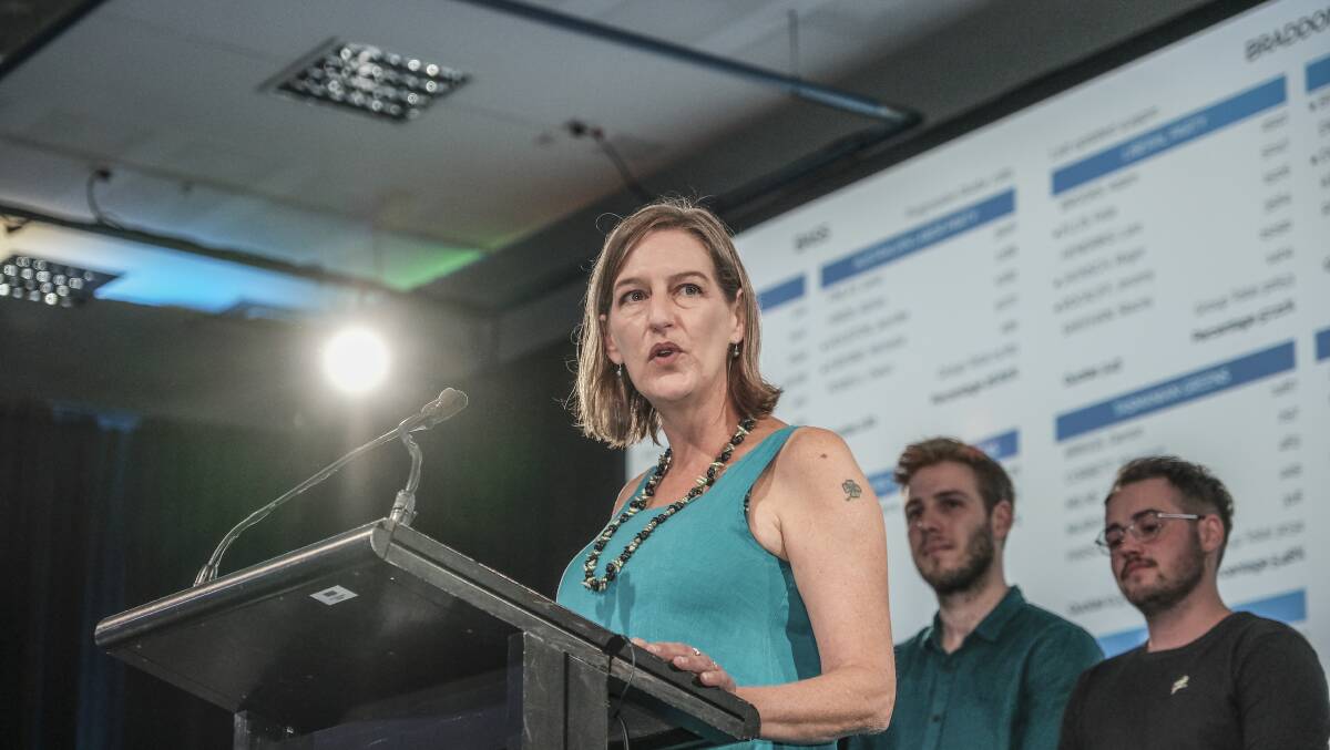 Greens leader Cassy O'Connor addresses the tally room on election night. Picture: Craig George
