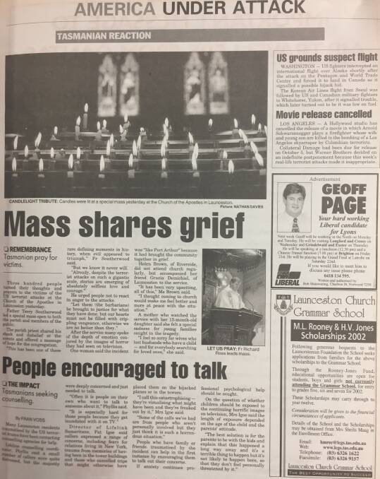 A page from The Examiner on September 15, 2001, featuring local reaction to the events in New York City.