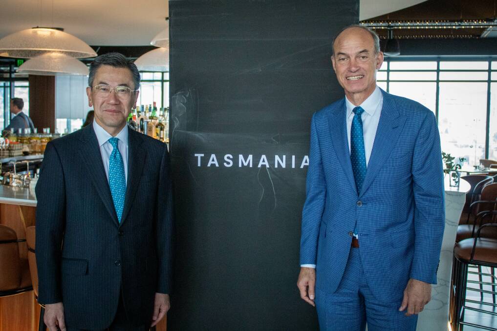 Japanese Ambassador Shingo Yamagami and Tasmanian Trade Minister Guy Barnett in Hobart on Tuesday. Picture: Supplied