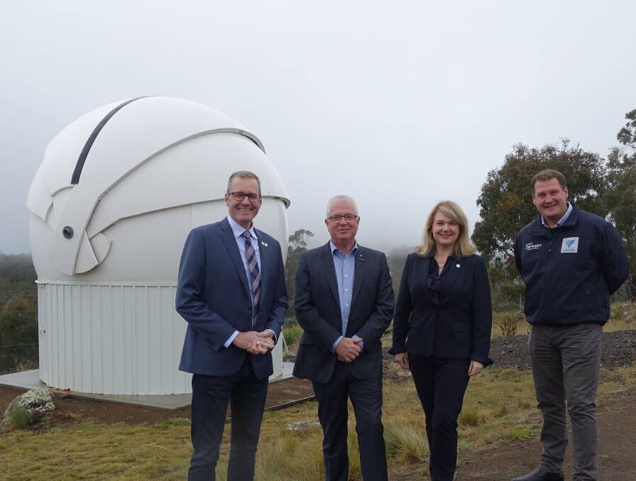(L-R) Science and Technology Minister Michael Ferguson, HENSOLDT's Scott Reeman, Clark Liberal candidate Madeleine Ogilvie and Lyons Liberal candidate Justin Derksen. Picture Supplied