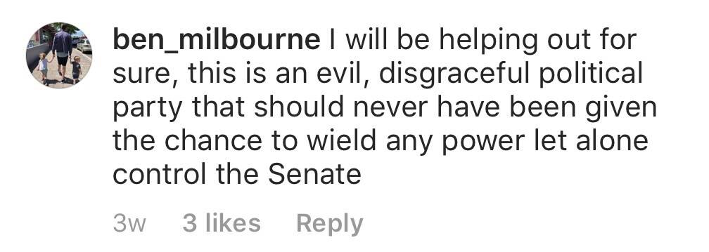 A screenshot of Ben Milbourne's response to Tasmanian Greens Senator Nick McKim's Instagram post regarding One Nation.
