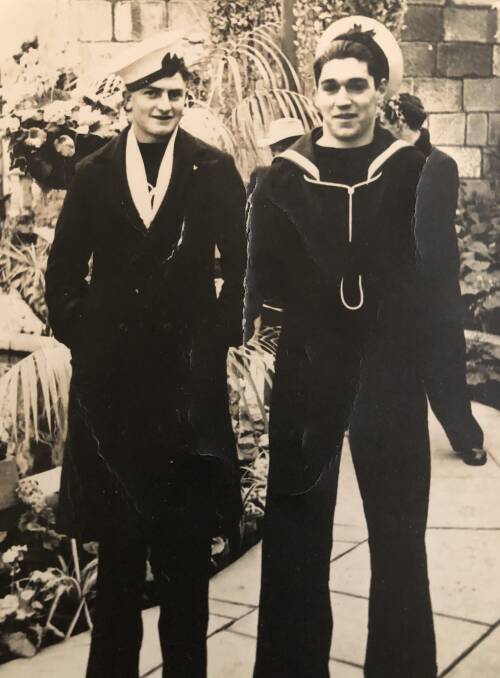 FAST FRIENDS: Teddy Sheean (left) with Jack Bird (right) in 1941, both aged 17. The pair met in Hobart after they'd been drafted to the Royal Australian Navy. Picture: Supplied