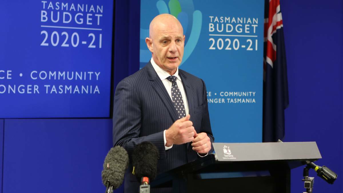 Premier Peter Gutwein discusses the 2020-21 state budget on Thursday. Picture: Adam Holmes
