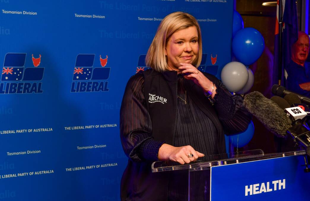 OPTIMISTIC: Bridget Archer takes to the dais at the Liberal Party's election night function at Peppers Silo Hotel, after Labor incumbent Ross Hart conceded defeat. Picture: Scott Gelston
