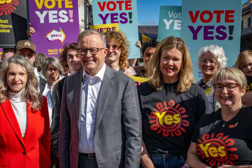 Prime Minister Anthony Albanese with Helen Polley, Bridget Archer and Michelle O'Byrne during a walk for YES in launceston. Picture by Paul Scambler.