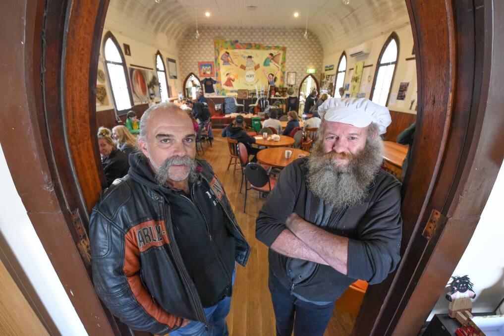Motivational Speaker: American preacher, Sam Childers, with Hope at St Paul's Kitchen founder, Paul Hosking, at the Devonport charity venue where Childers spoke to patrons. Picture: Paul Scambler.

