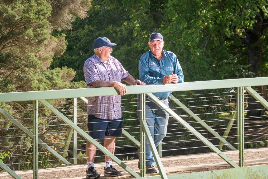 Scenic Spot: Latrobe Deputy Mayor Graeme Brown and renowned Landcare stalwart Ron Hedditch take in the upgraded Pig Island walking track. Picture: Simon Sturzaker, 