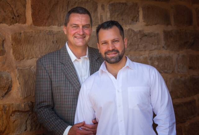 Love Wins: Rodney Croome and his partner of 12 years Rafael Manzanilla were photographed recently for a bridal magazine. Picture: Bride Tasmania Magazine  