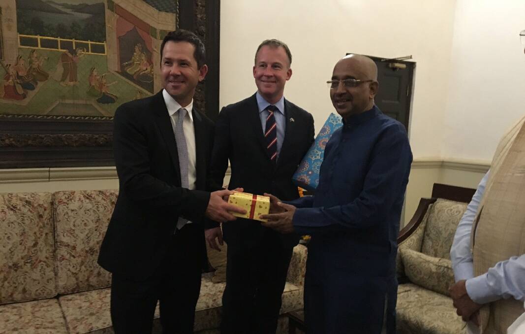 Big pitch: Tasmanian cricket legend Ricky Ponting and then Premier Will Hodgman meet Indian sports minister Mr Goel in 2016. Picture: Facebook.