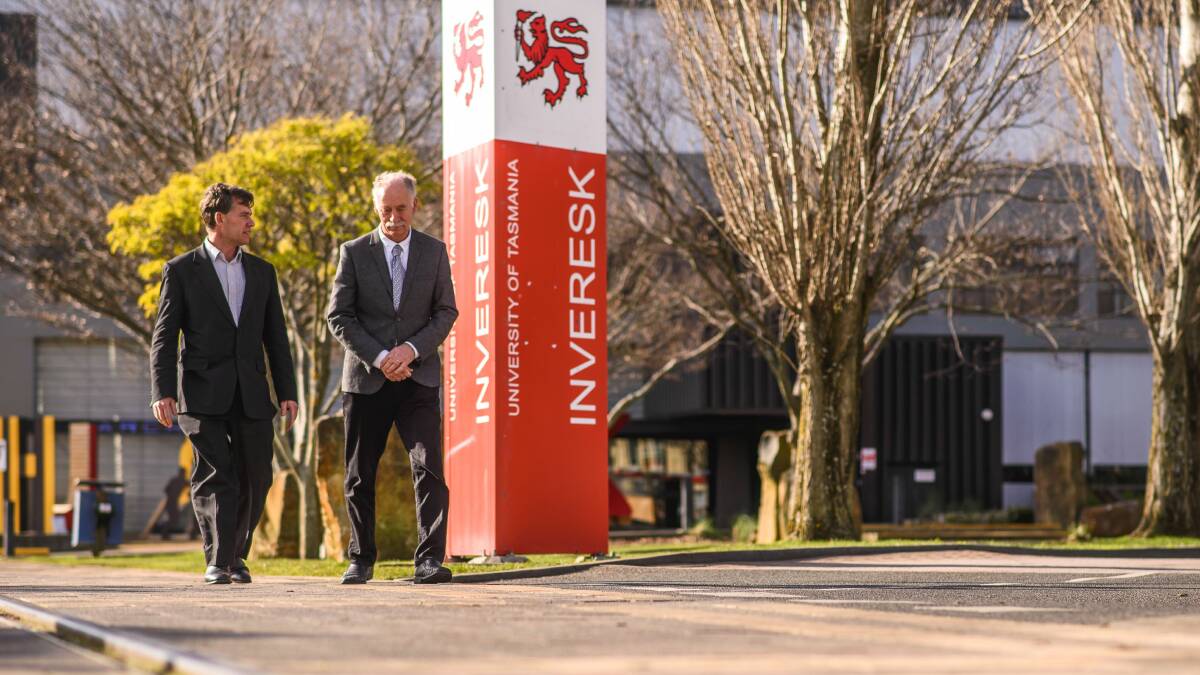 FUTURE: University of Tasmania Northern Expansion project director James McKee and Pro vice-chancellor David Adams discuss business opportunity. Picture: File 