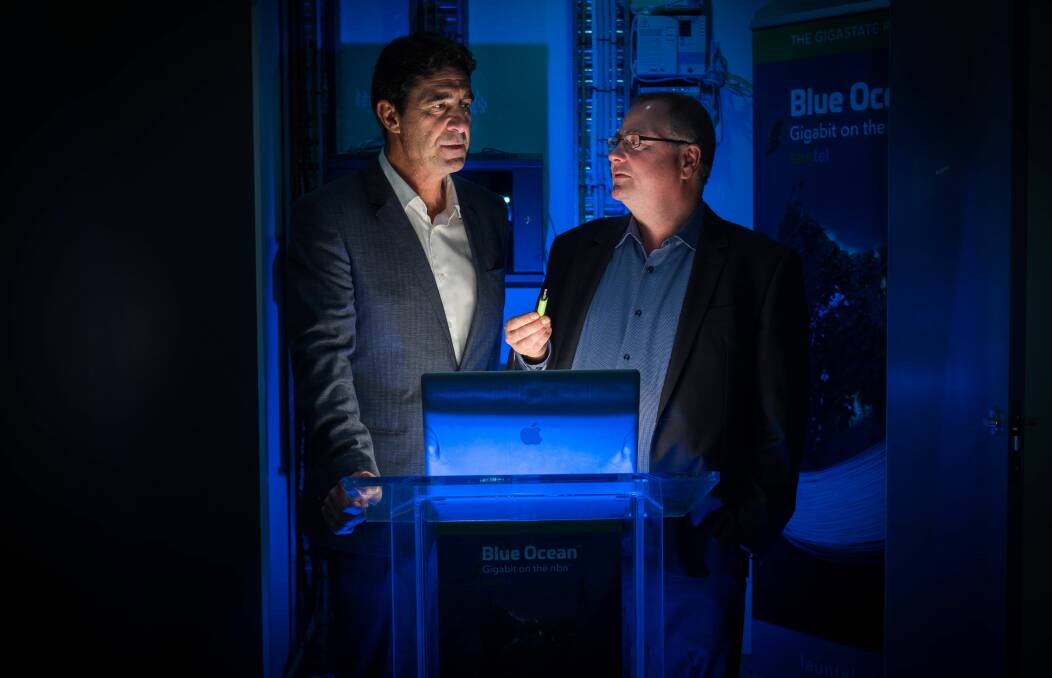 ARTAS Architects national director Scott Curran and Launtel head of technology Damian Ivereigh talk up the possibilities for the city after Australia's first gigabit connection went live. Picture: Scott Gelston