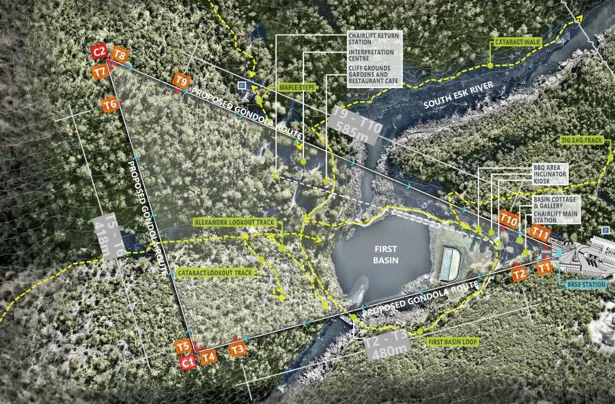 Initial plans detailing the layout of the Launceston Skyway proposal in relation to Cataract Gorge. Picture: Supplied