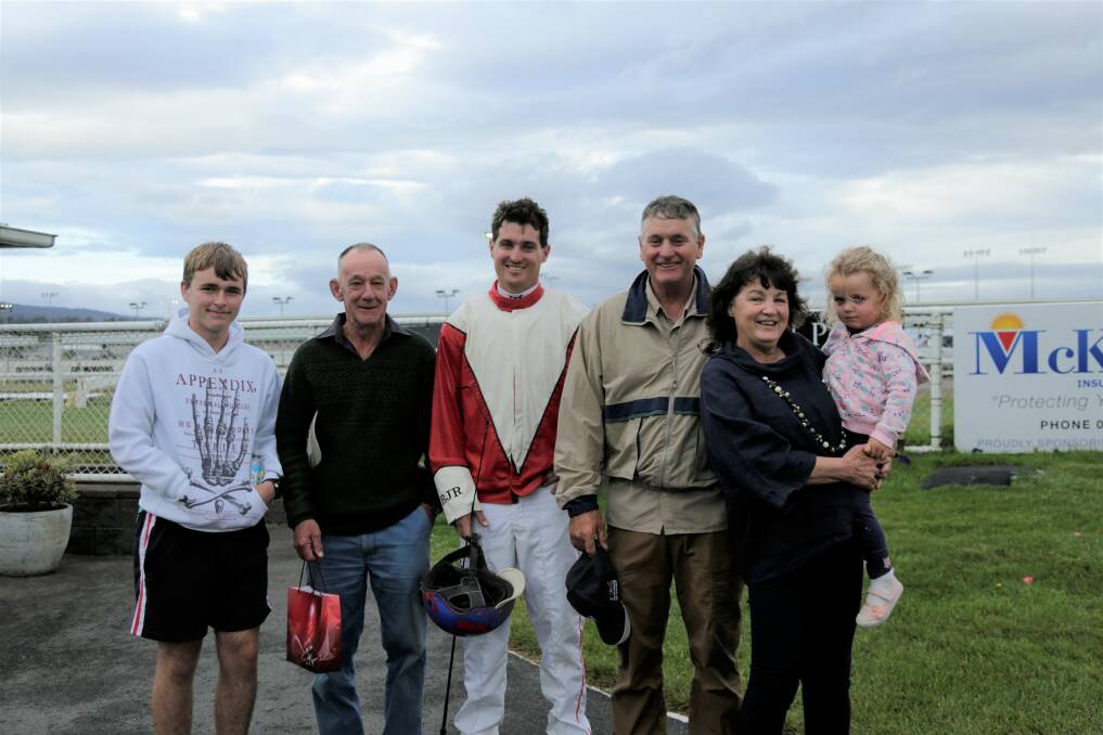 CELEBRATING: Callum and Wayne McLaughlin with Todd, Barrie, Denise and Kenzie Rattray after Harjeet's inaugural Tassie Golden Apple win. Picture: Matt Dennien