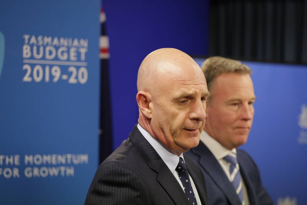 Treasurer Peter Gutwein and Premier Will Hodgman during a press conference at Thursday's budget lockup.