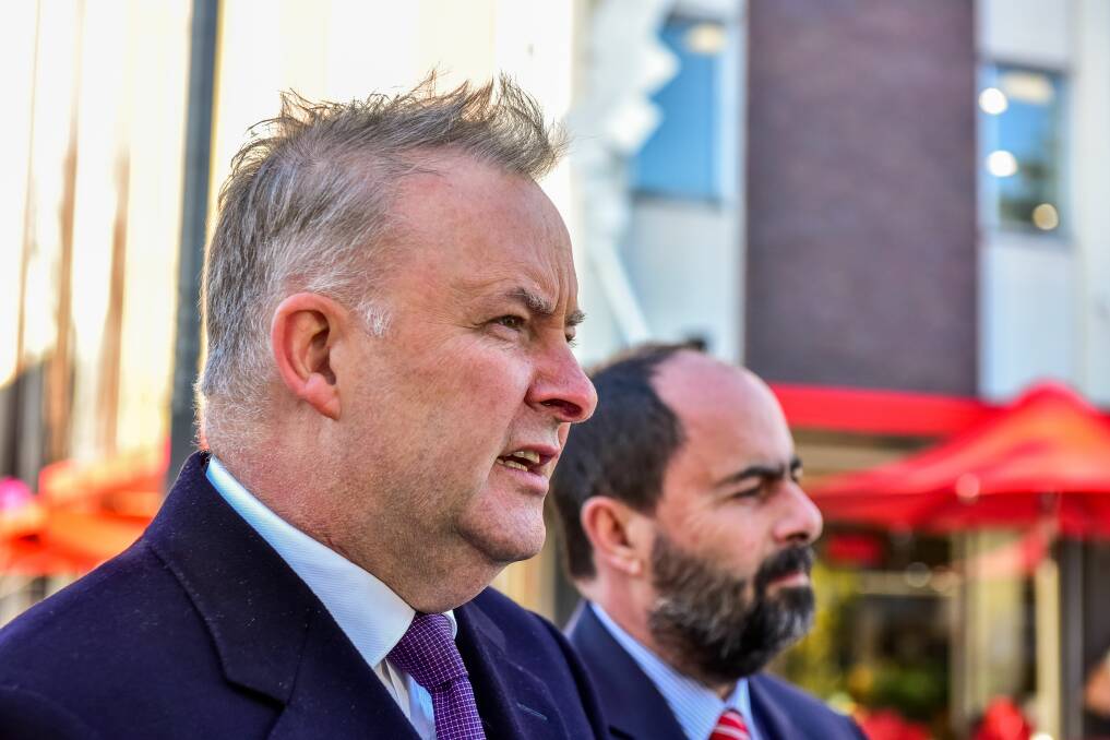 Federal Labor leader Anthony Albanese with Ross Hart in Launceston on Monday. Picture: Neil Richardson