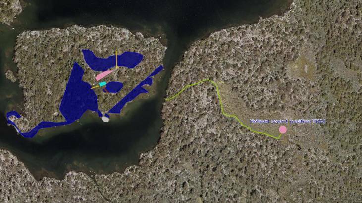 An aerial view of Halls Island, left, with the blue area highlighting a restricted zone for visitors under the tourism proposal. The helicopter landing area is shown to the right. Picture: Supplied