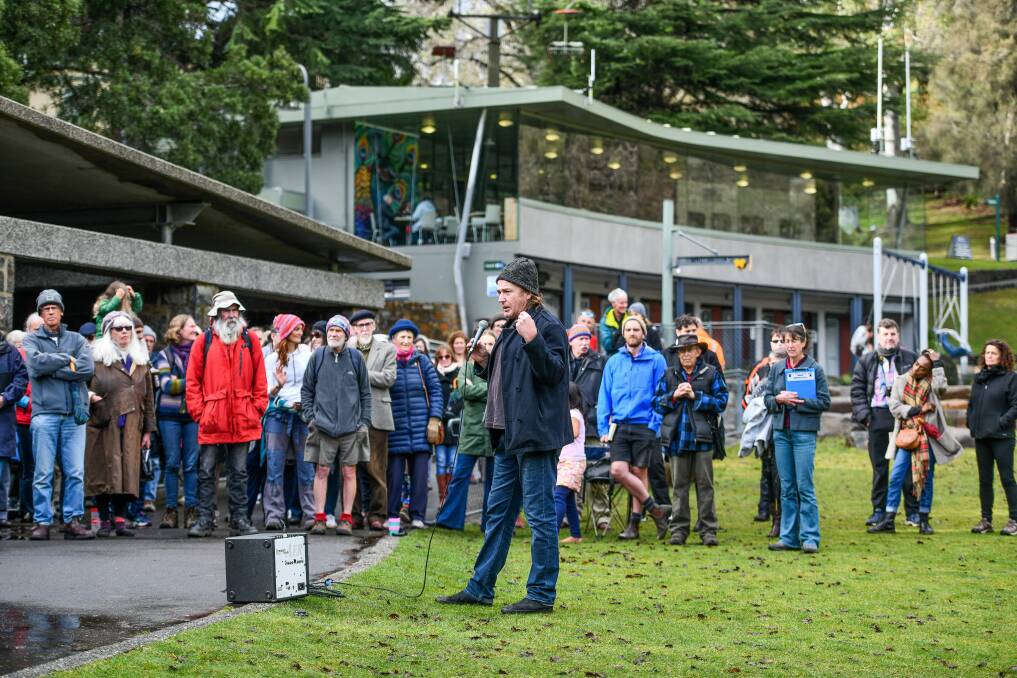 City of Launceston councillor Tim Walker speaks to the crowd at the Hands Off Our Gorge public meeting on Sunday. Picture: Scott Gelston