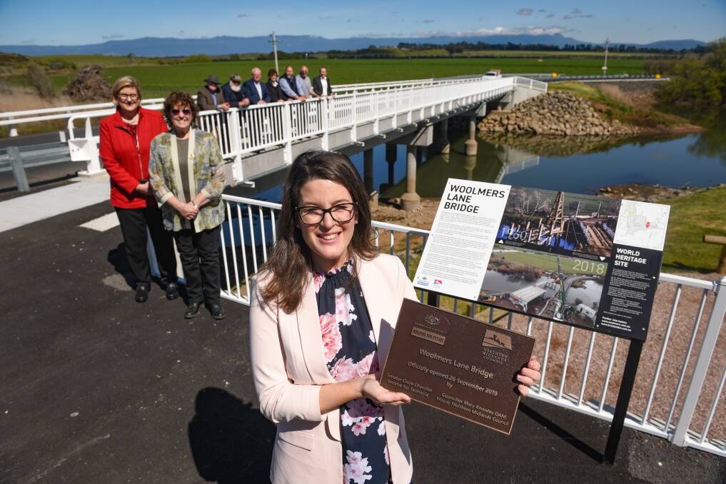 OPEN: Tasmanian Senator Claire Chandler with a plaque for the Woolmers Lane Bridge at its official opening. Picture: Paul Scambler