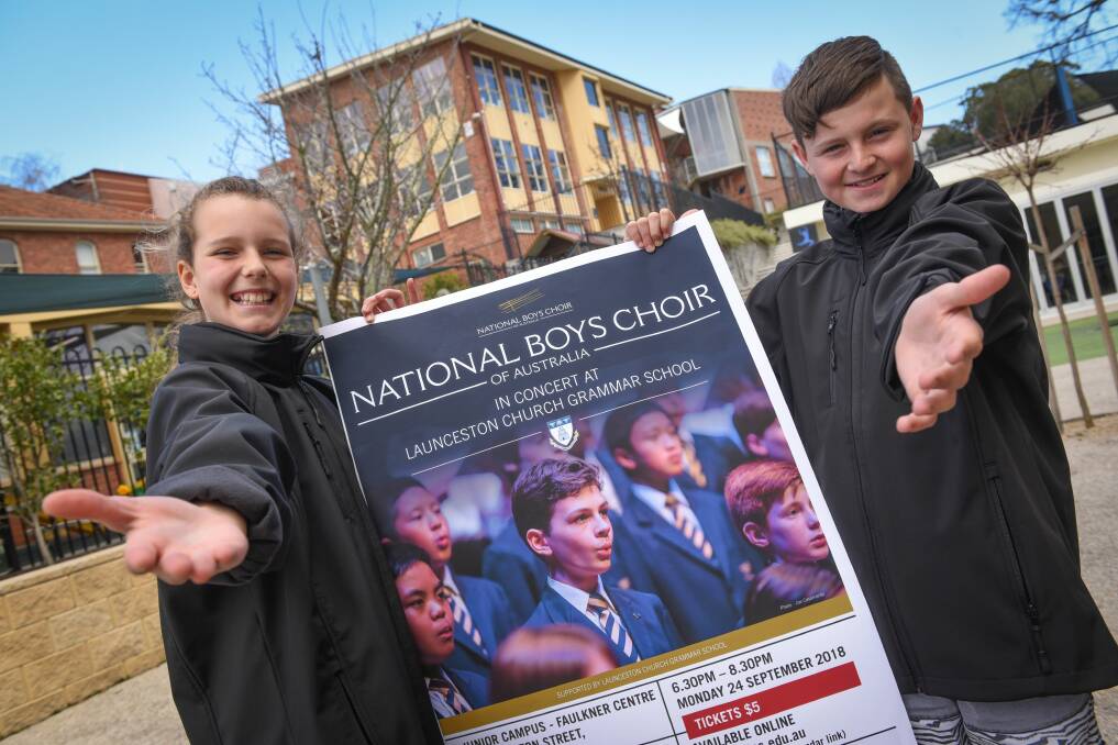 Lily Case, 11, and Darcy Williams, 12, at Launceston Church Grammar School's junior campus getting ready for the visit by the National Boys Choir of Australia. Picture: Paul Scambler