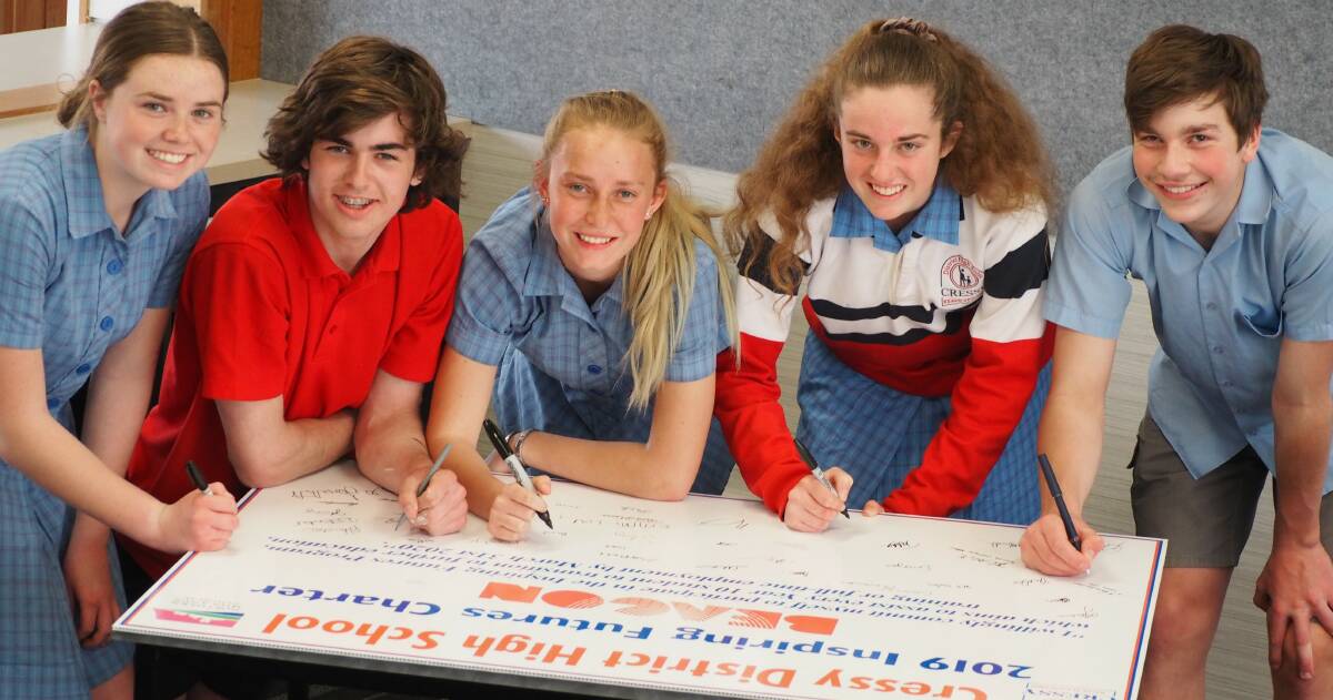 SIGNING: Cressy students Jorja Woodberry, Zac Marshall, Brandie Robson and Ruth Williams sign the Inspiring Futures Charter. Picture: Supplied
