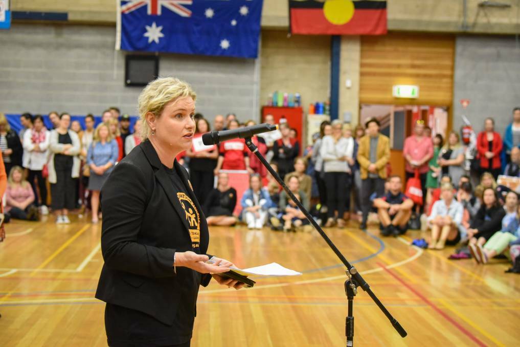 AEU state manager Roz Madsen addresses a crowd of teachers at a stop-work meeting in Launceston in November. Picture: Paul Scambler