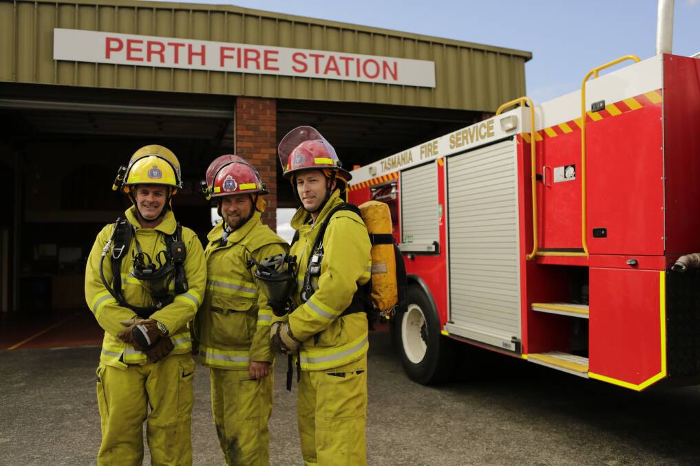 FUNDRAISING: Jason Stevenson, Danny Littlejohn and Simon Chandler are taking part in the Melbourne Firefighter Stair Climb. Picture: Matt Dennien