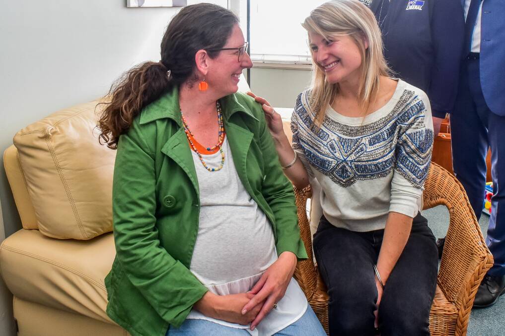 Sarah Pearce, expecting to give birth to her fourth child at the Launceston Birth Centre this week, sits with centre's committee treasurer Sarah Haberle. Picture: Neil Richardson
