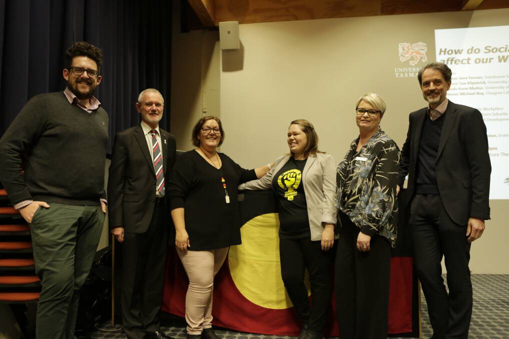 Reconciliation Tasmania's Ben Bowering and City of Launceston mayor Albert Van Zetten with RT co-chair Fiona Hughes and NAIDOC Week forum panelists, Madeline Wells, Tracy Puklowski and Rufus Black.