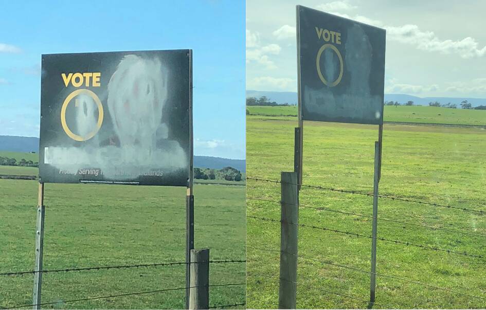 SPRAYED: Councillor Leisa Gordon's sign between Ross and Campbell Town, which has had both sides painted over this week. Pictures: Supplied