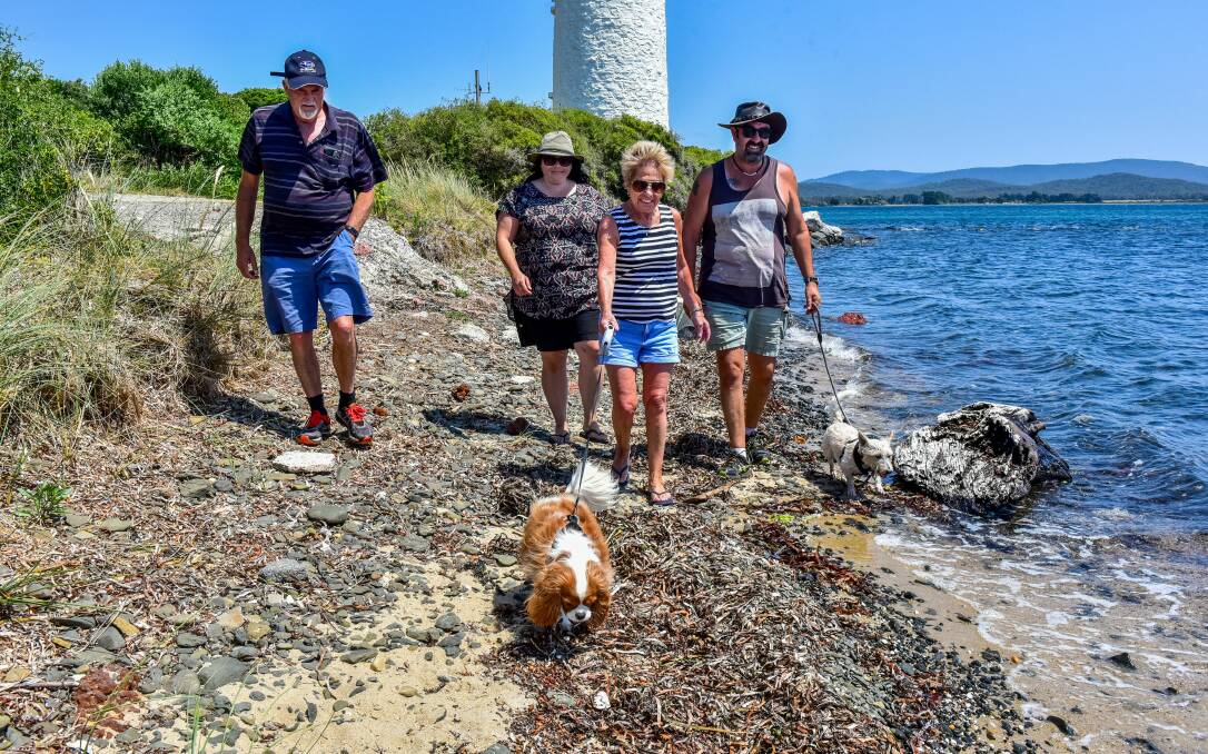 PENGUIN PROTECTION: Tony Rockliff, Bianca Griffiths, Prue Rockliff and Grant Augostin walking their dogs at Low Head. Fifty-eight penguins were killed in a dog attack at the conservation area last year. Picture: Neil Richardson