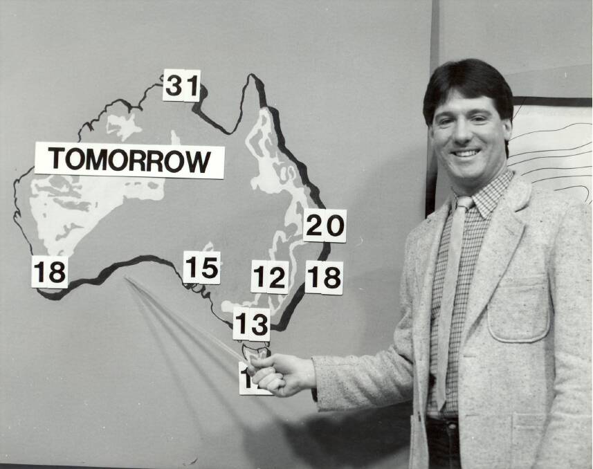 Peter Murphy with a magnetic weather map in his first years as a TV presenter. Picture: Supplied