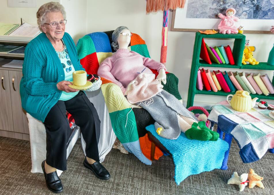 WOOLY: Aldersgate resident Gwen Nicholls with a plate of licorice allsorts she knitted for inclusion in the seniors week wool display. Picture: Neil Richardson 