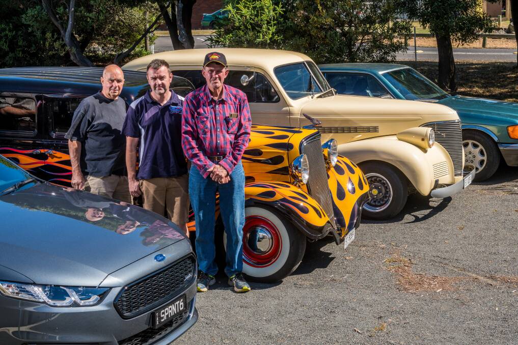 Tony Barnett, Tim Mann, and Tom Hendley with just some of the cars expected to be on display at the 29th Van Diemens Car Show. Picture: Phillip Biggs