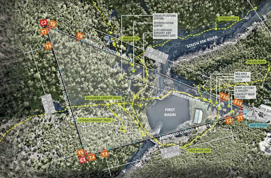 Initial plans detailing the layout of the Launceston Skyway proposal in relation to Cataract Gorge. Picture: Supplied