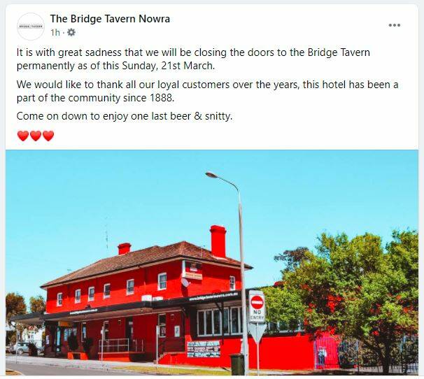 The Bridge Tavern Nowra's Facebook post.