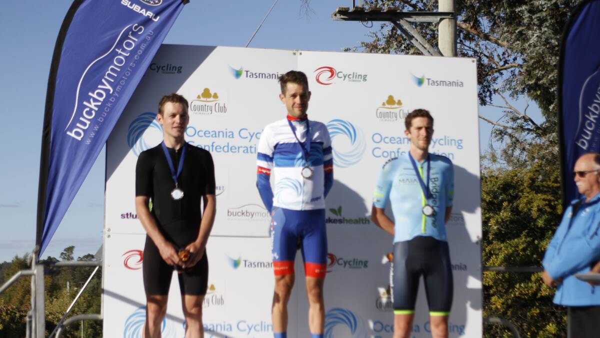 Elite podium: New Zealand's Jason Christie (second place), Australia's Ben Dyball (champion) and Australia's Chris Harper (third place). Picture: Jarryd McGuane.