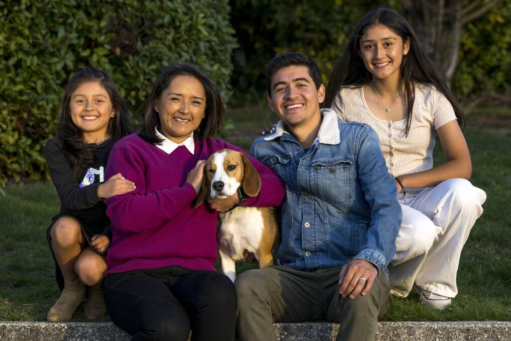 Cesar Penuela and his wife Claudia Castillo, of Trevallyn, and daughters Janah and Maria, and Nino the dog.
Wednesday April 19 2023 Picture by Phillip Biggs 